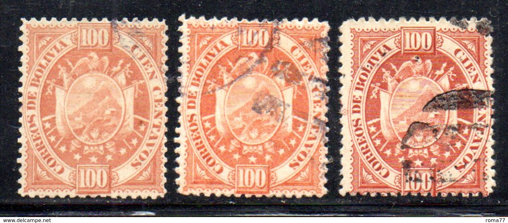 APR1820 - BOLIVIA 1894 , 100 Cent Yvert N. 45 : Tre Nuance Usate - Bolivia