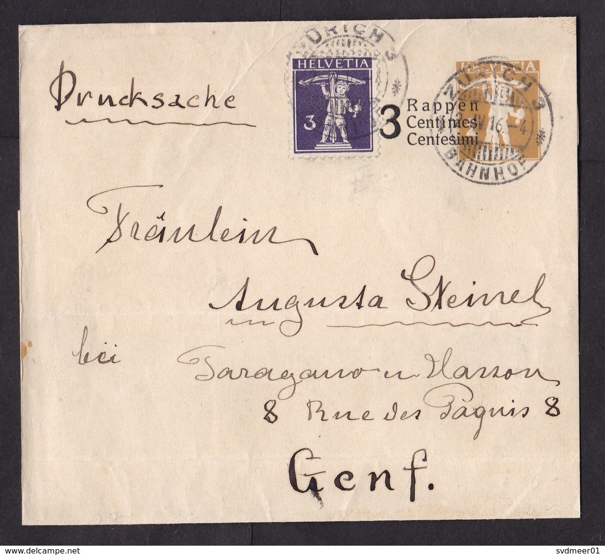 Switzerland: Stationery Wrapper, 1916, Value Overprint, Extra Stamp, Cancel Zurich Bahnhof (damaged: Folds) - Brieven En Documenten