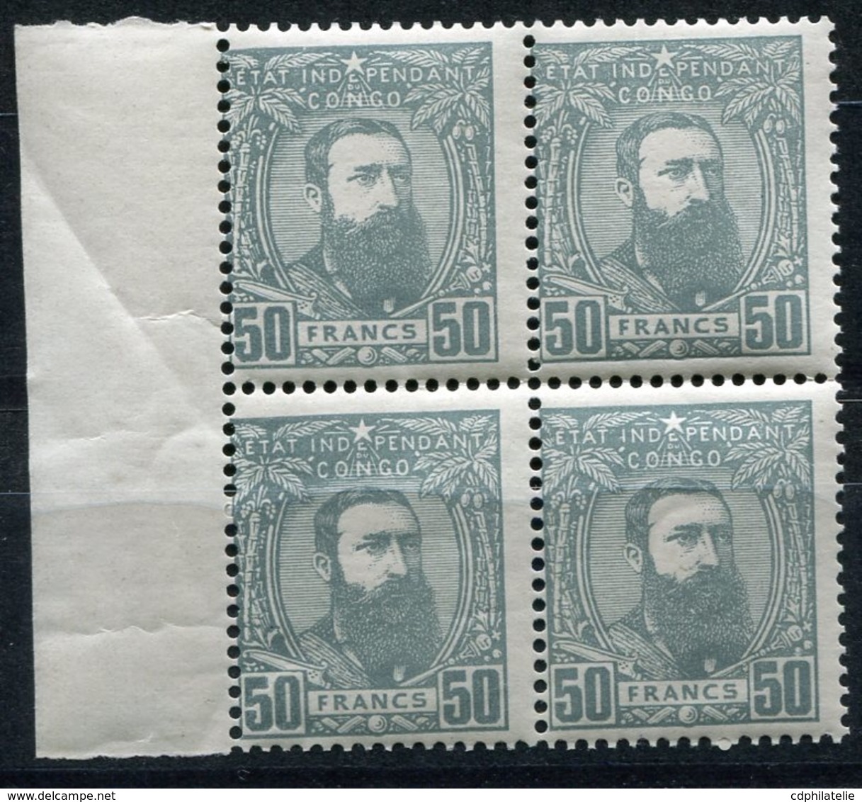 CONGO BELGE COB N°13B ** / * LEOPOLD II DE TROIS QUARTS A DROITE EN BLOC DE 4 - 1884-1894