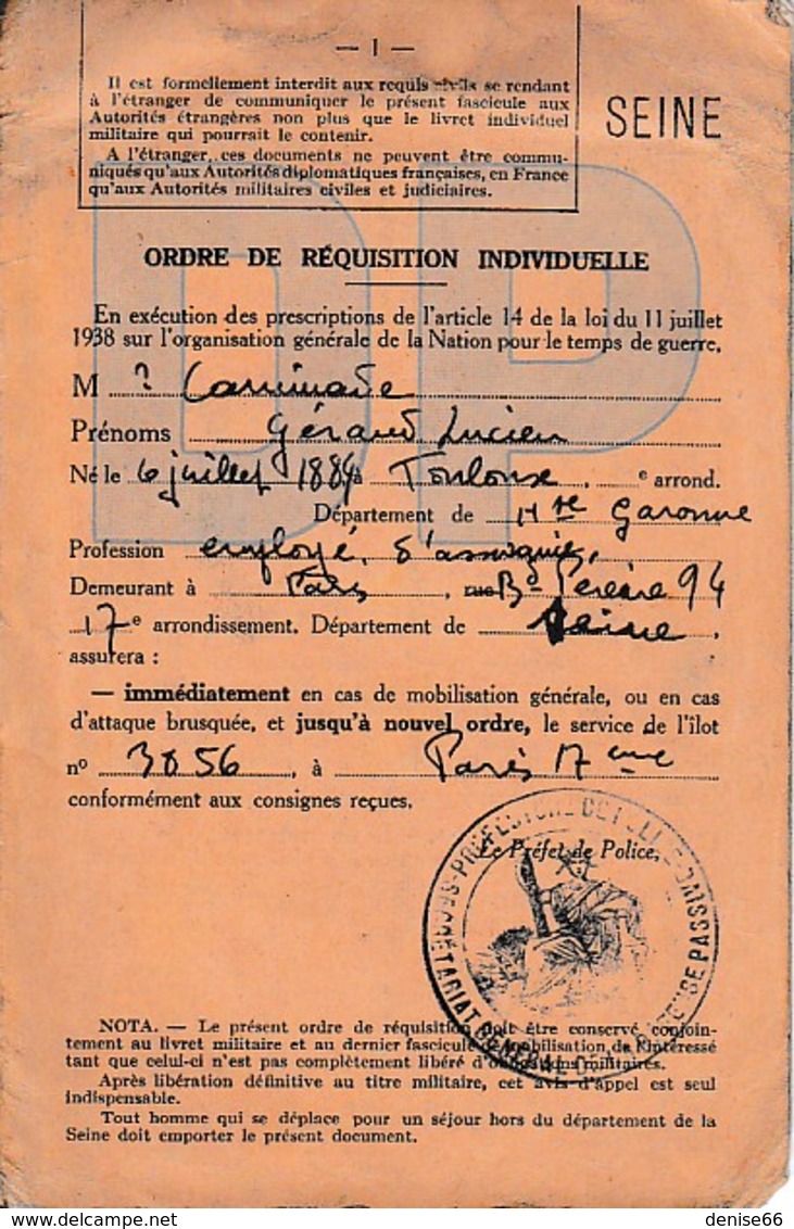 WW2 ORDRE DE RÉQUISITION INDIVIDUELLE - Cachet Du Secrétariat à La DÉFENSE PASSIVE - Documents Historiques