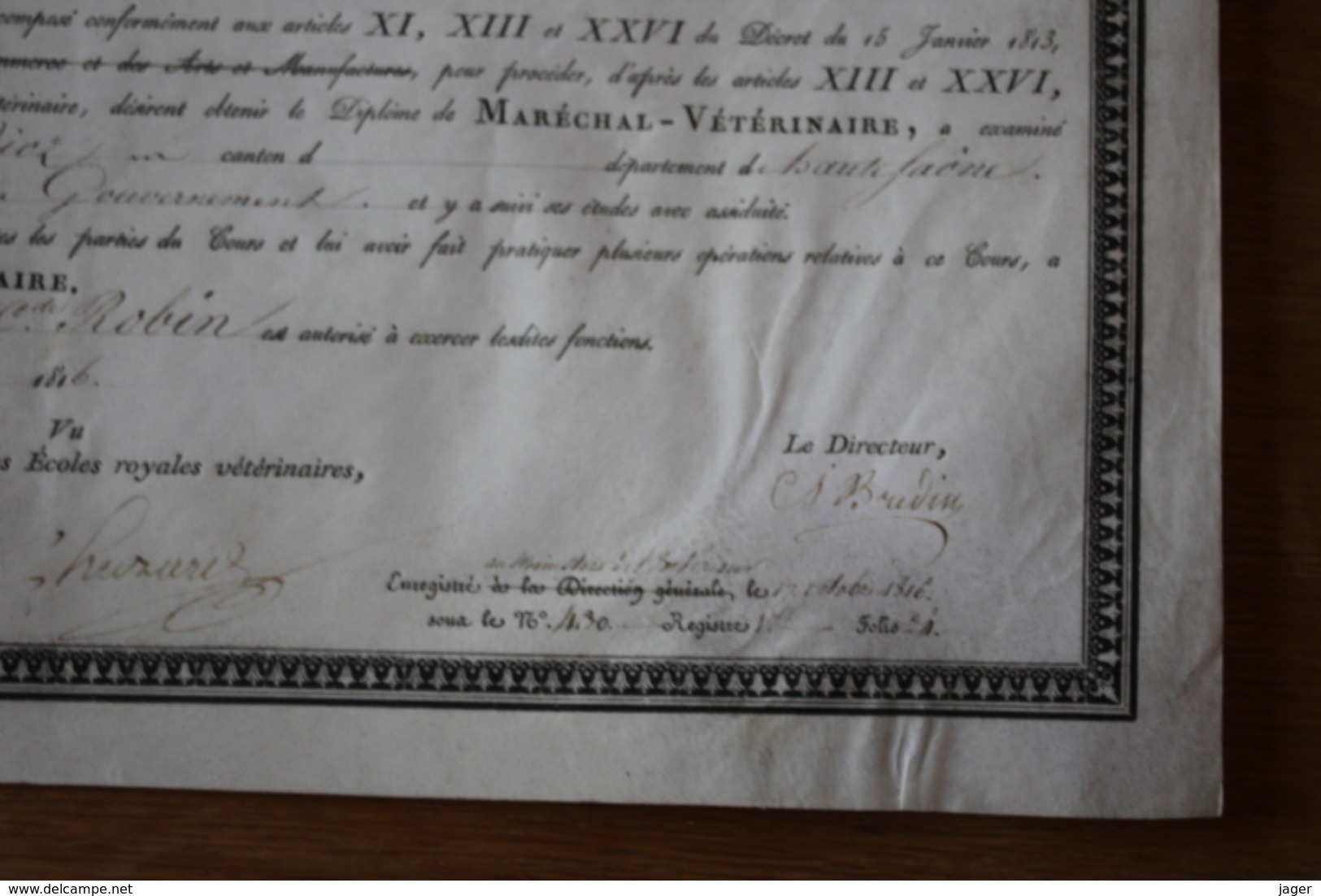 Diplome sur Velin 1816  Ecole royale d'economie rurale et vétérinaire de LYON