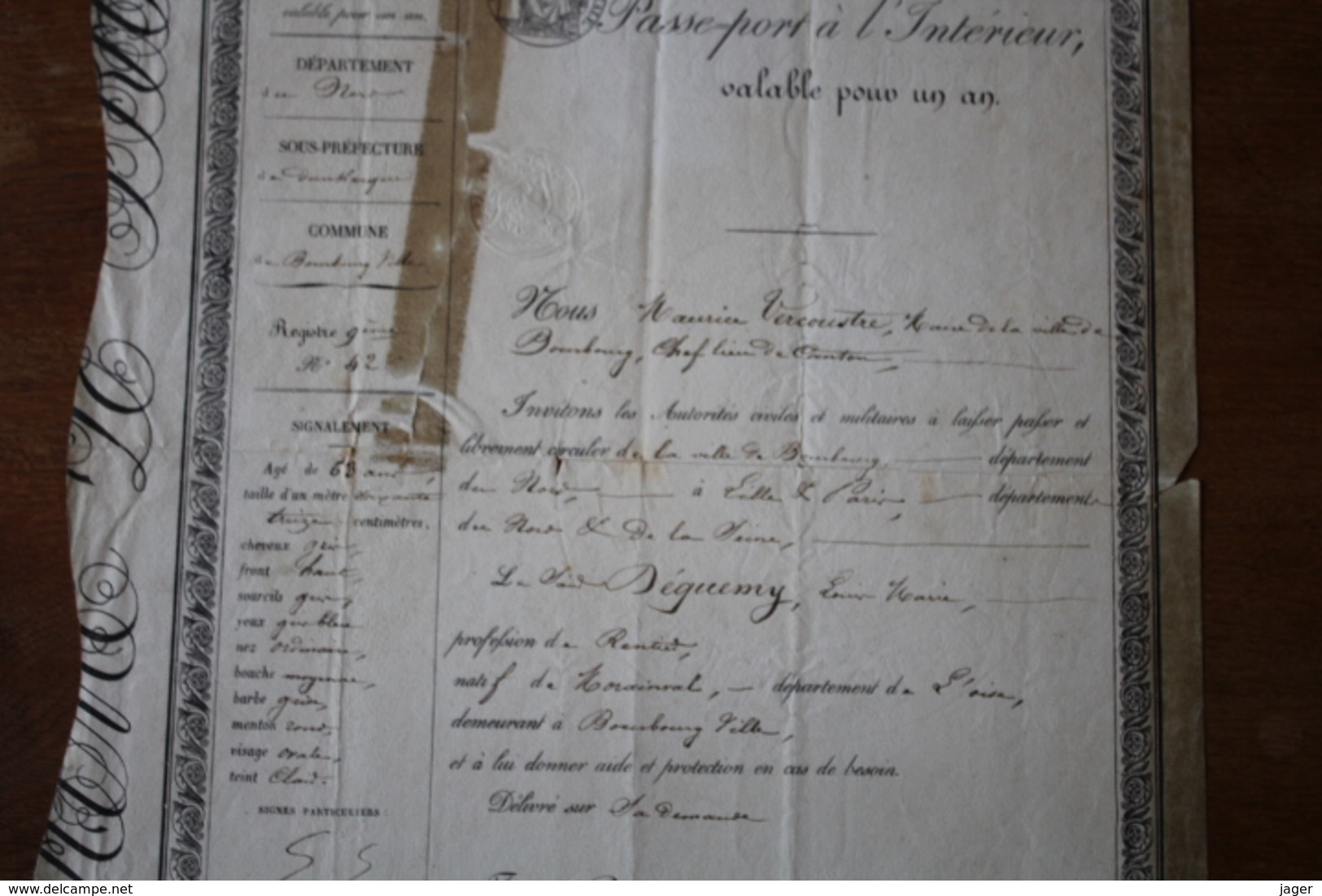 Passeport Modifié   1849  Bourbourg  Autographe - Documentos Históricos
