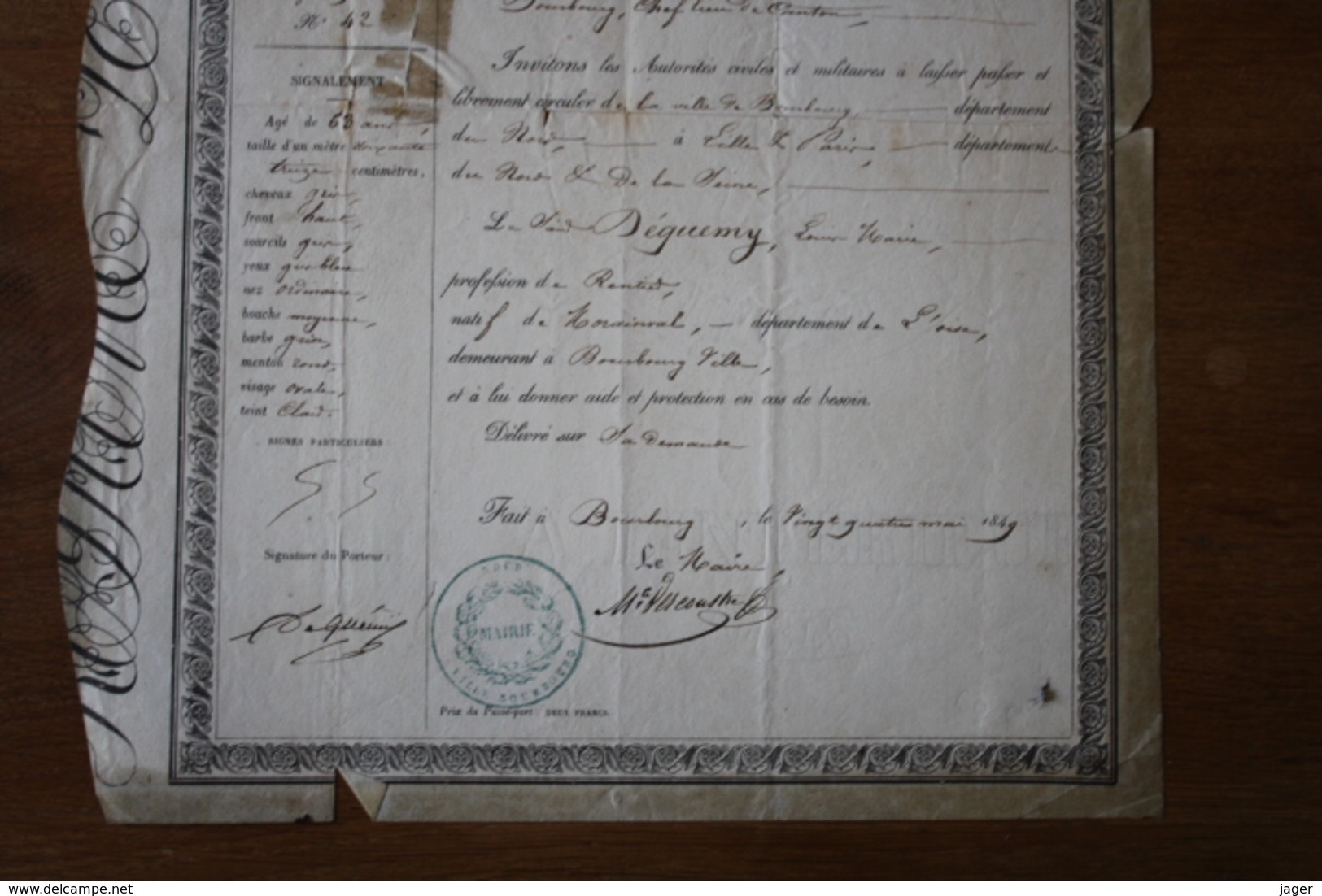 Passeport Modifié   1849  Bourbourg  Autographe - Documents Historiques