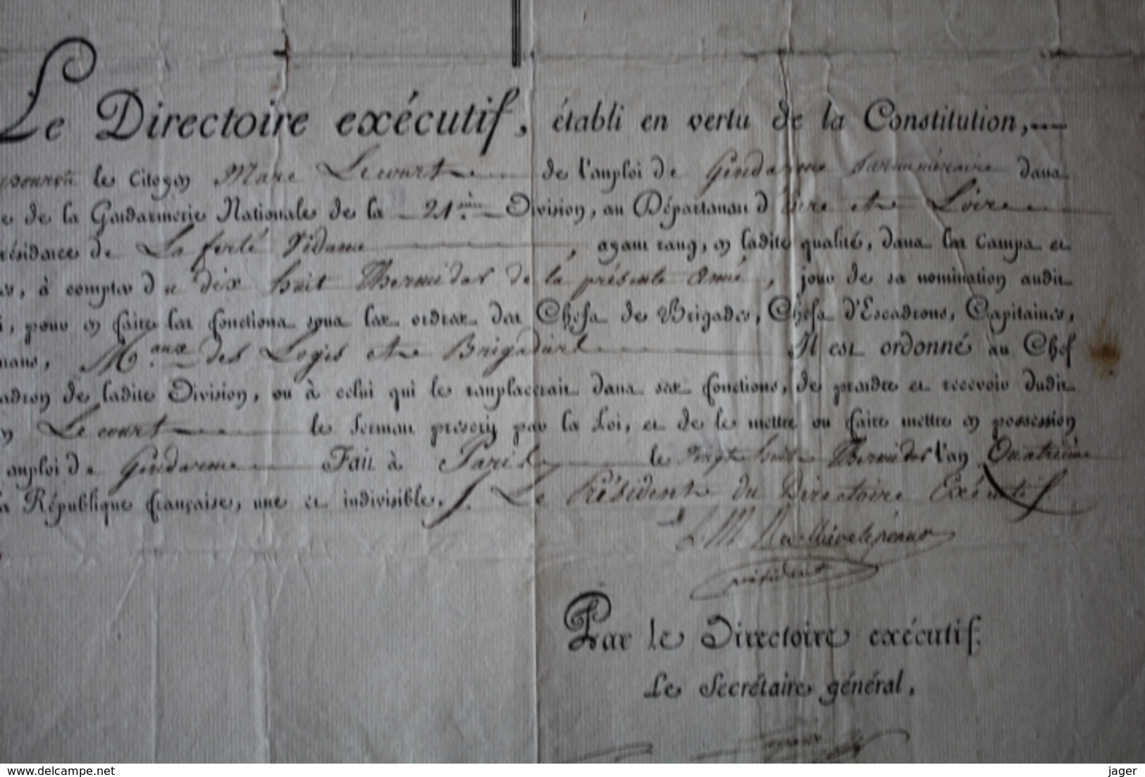 Brevet De  Gendarme Surnuméraire  1794   Autographe  Diplome  Vignette Republicaine - Documentos