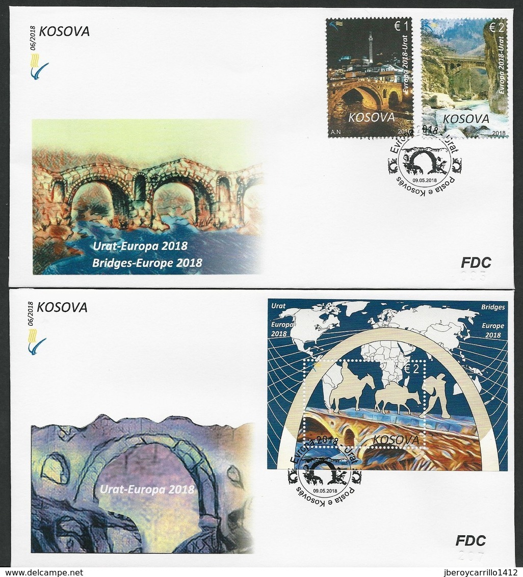 KOSOVO/ KOSOVA-REPUBLIC - EUROPA 2018 -TEMA ANUAL - "PUENTES.- BRIDGES - BRÜCKEN - PONTS" - 2 FDC: SERIE + HOJITA BLOQUE - 2018