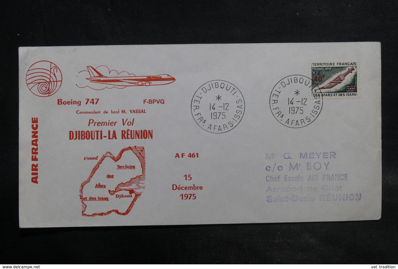 AFARS ET ISSAS - Enveloppe 1er Vol Djibouti / La Réunion En 1975 - L 34837 - Lettres & Documents