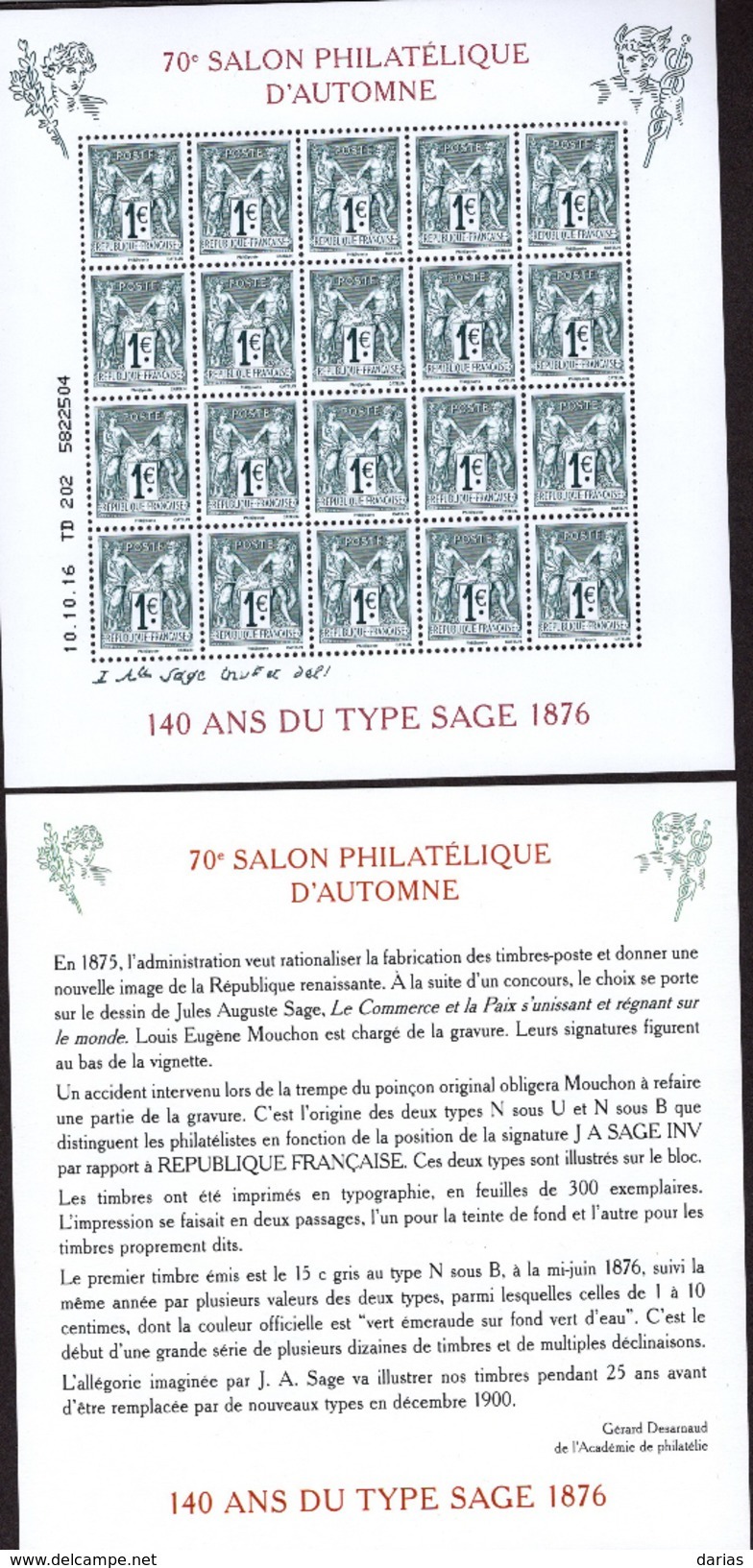 La Feuille F5094 "140è ANNIVERSAIRE  DU TYPE SAGE". Faible Tirage (30 000). Etat Neuf LUXE Bas Prix à Saisir. - Neufs