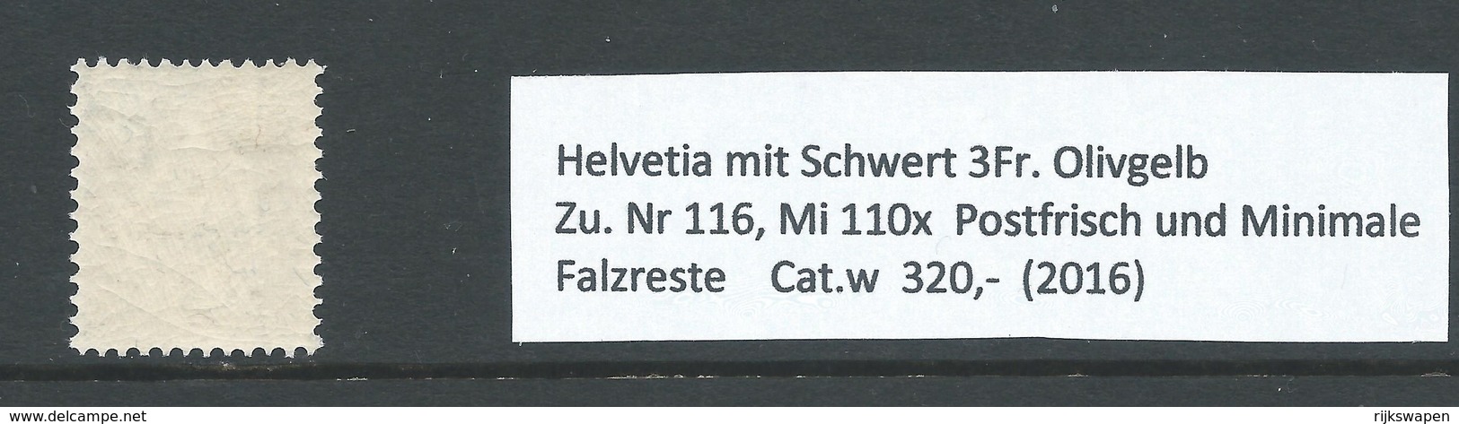 Zittende Helvetia 1908 3 Franc Olijf Geel Zu. Nr 116/ Mi. 110x  Cat.w 320,- - Ongebruikt