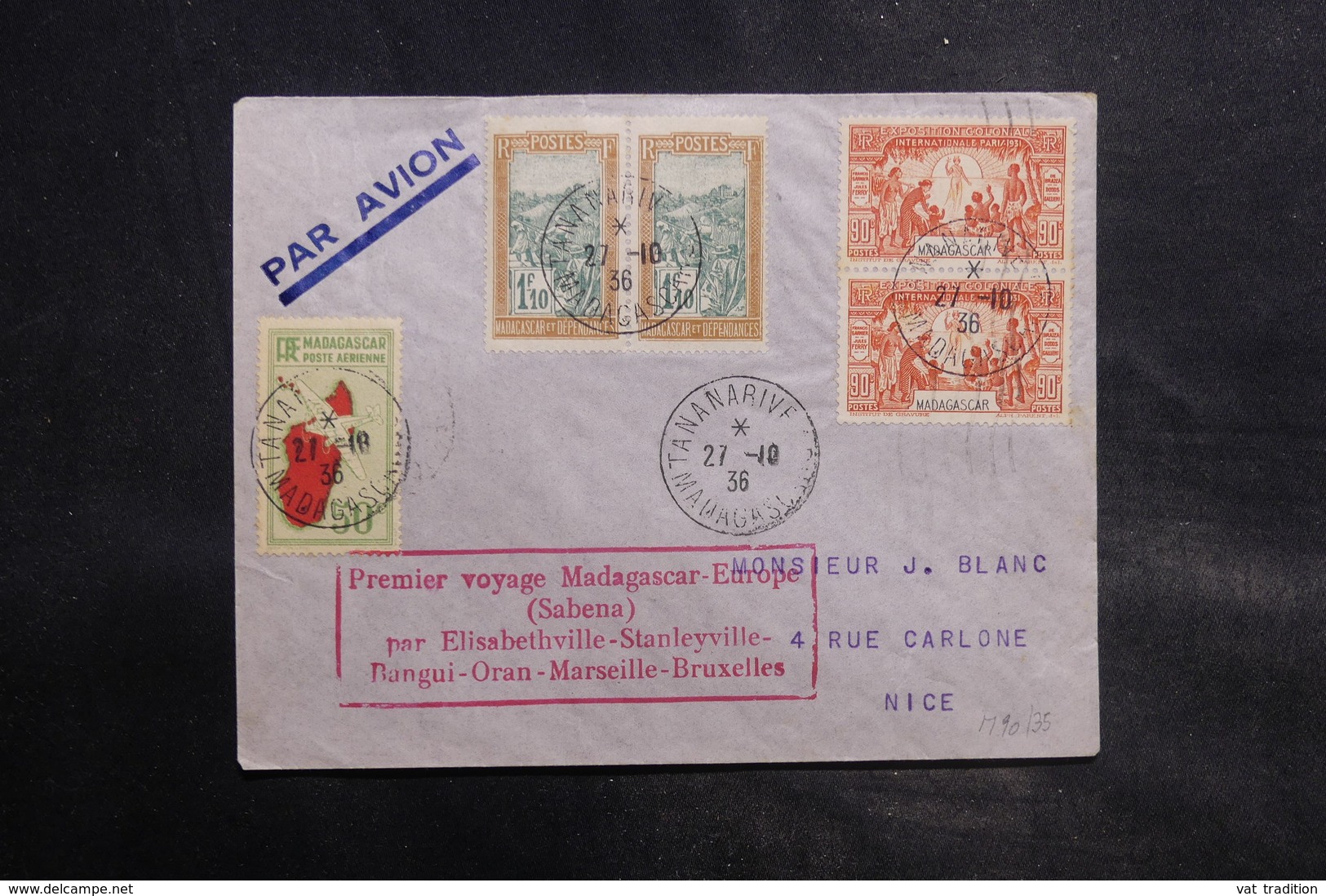 MADAGASCAR - Enveloppe 1er Vol Madagascar / Europe Avec Escales En 1936 , Affranchissement Plaisant - L 34856 - Briefe U. Dokumente