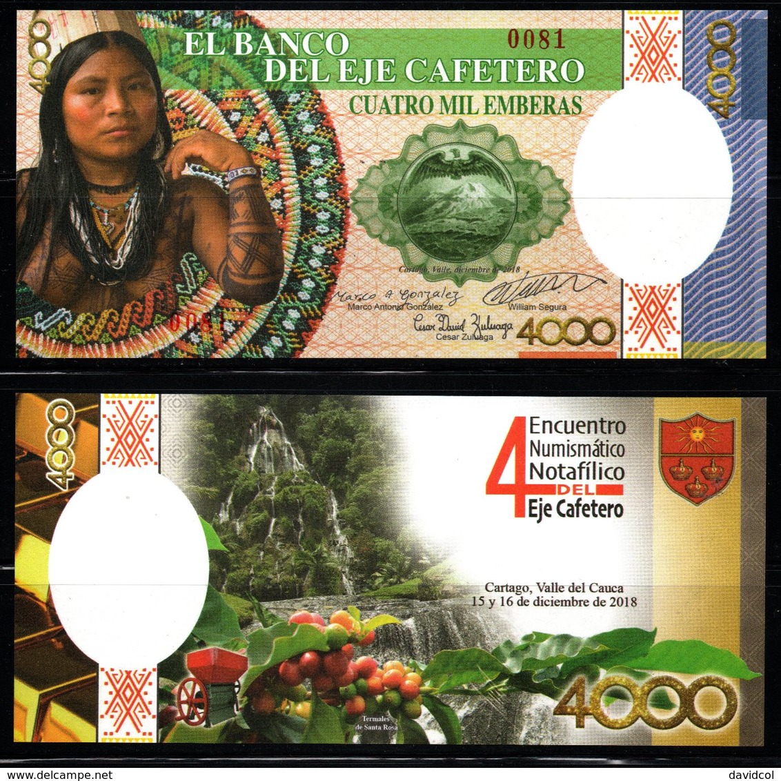 B4-COLOMBIA - 2018- FANTASY CURRENCY. 4000 EMBERAS. SOUVENIR FROM NUMISMATIC MEETING - Colombia