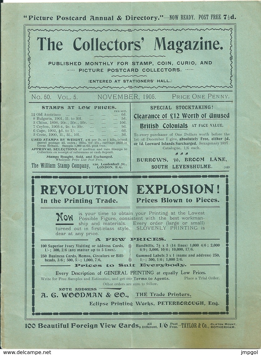 The Collector's Magazine N°50 Novembre 1905 Philatélie,Numismatique Cartes Postales Etude Timbres Belgique 1865 - Englisch (bis 1940)