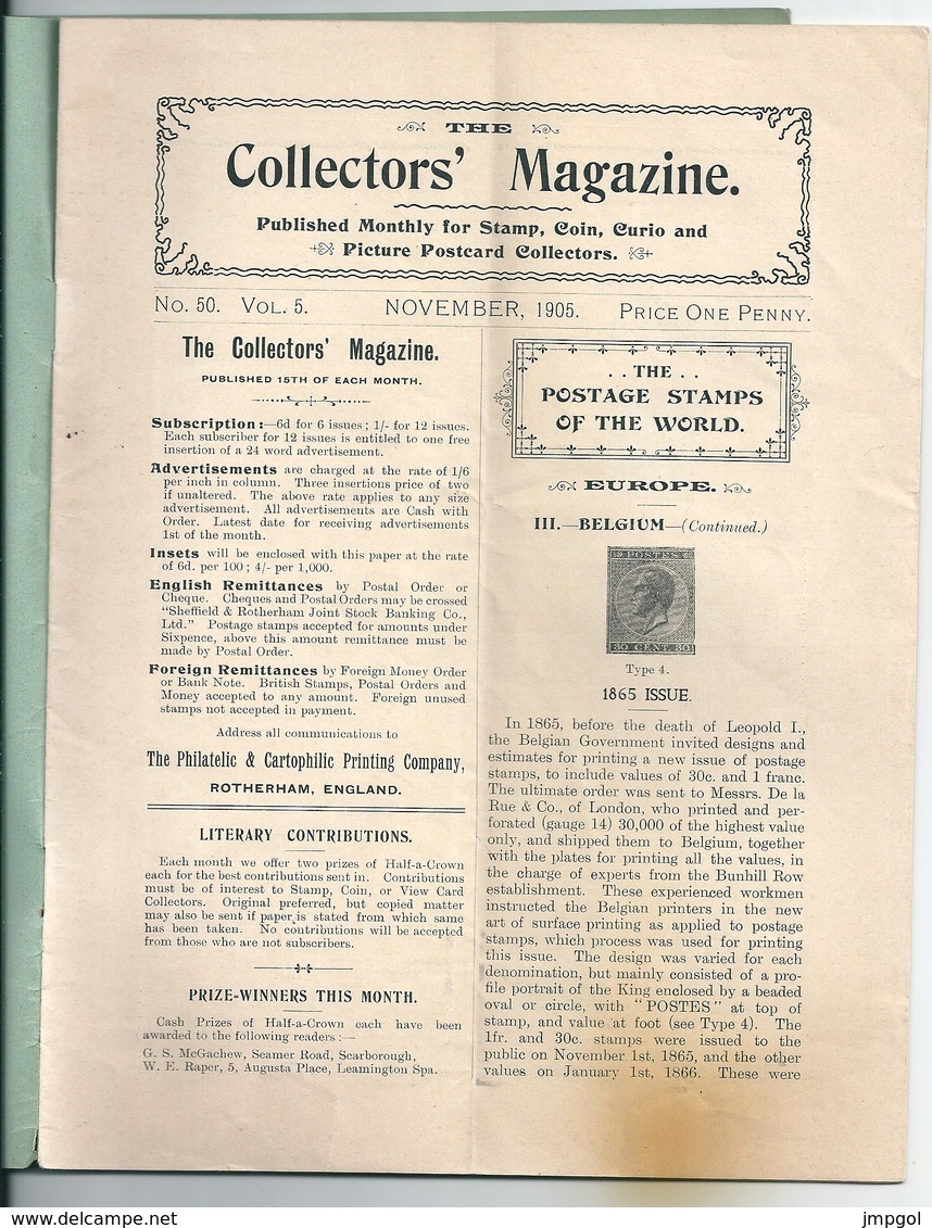 The Collector's Magazine N°50 Novembre 1905 Philatélie,Numismatique Cartes Postales Etude Timbres Belgique 1865 - Inglés (hasta 1940)