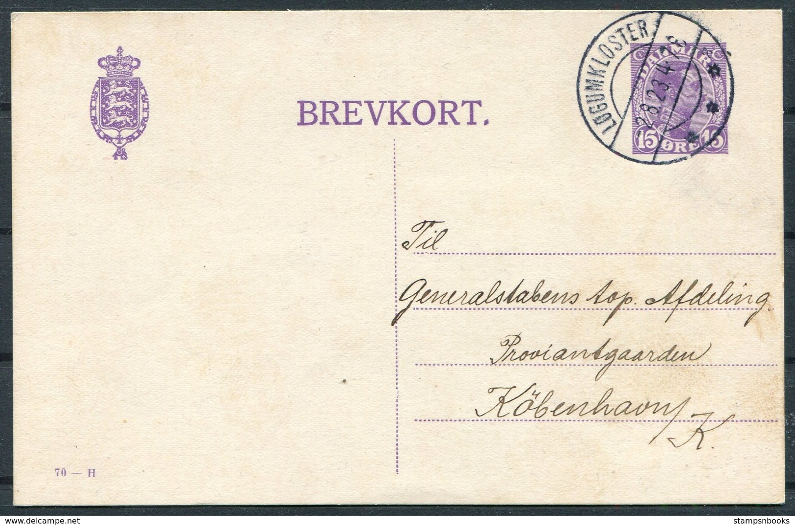 1923 Denmark 15 Ore Stationery Postcard (70 - H) LOGUMKLOSTER - Copehagen - Covers & Documents
