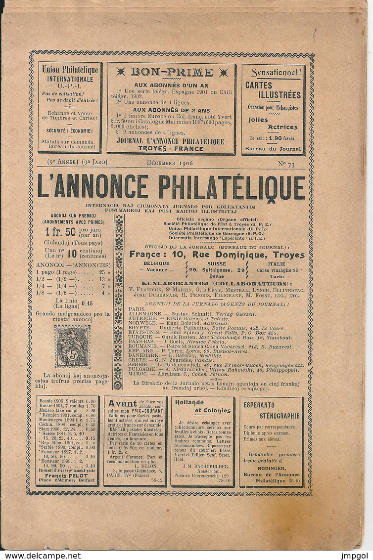 L'Annonce Philatélique N°73 Décembre 1906 "Les Têtes-Bêches" Français - Francesi (prima Del 1940)