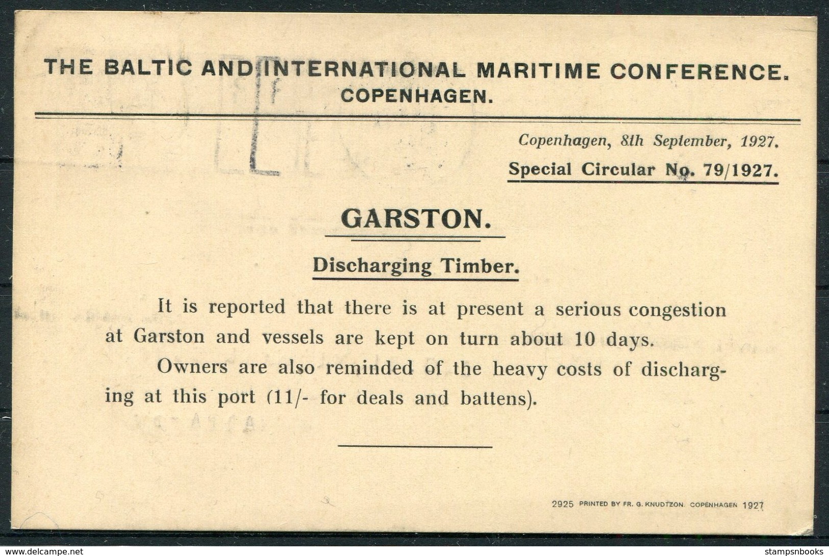 1927 Denmark Baltic & International Maritime Conference Copenhagen Postcard - Glasgow. Garston Dock, Liverpool Ship - Covers & Documents