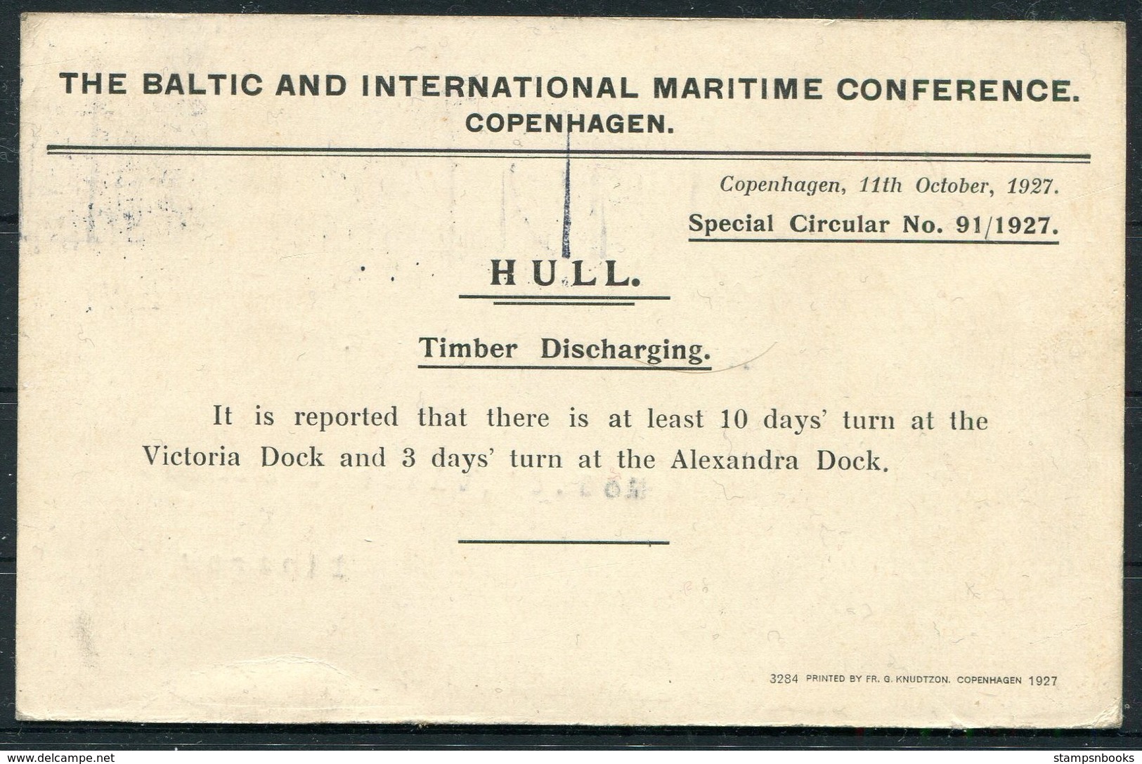 1927 Denmark Baltic & International Maritime Conference Copenhagen Postcard - Glasgow. Timber Shipping - Hull Docks - Covers & Documents