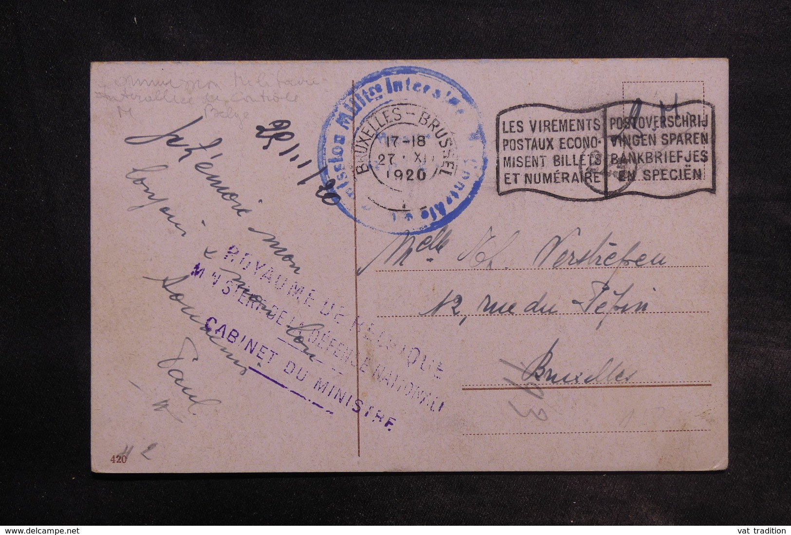 BELGIQUE - Cachet " Commission Militaire ... " Sur Carte Postale En FM De Berlin En 1920 , Voir Griffe - L 34871 - Covers & Documents