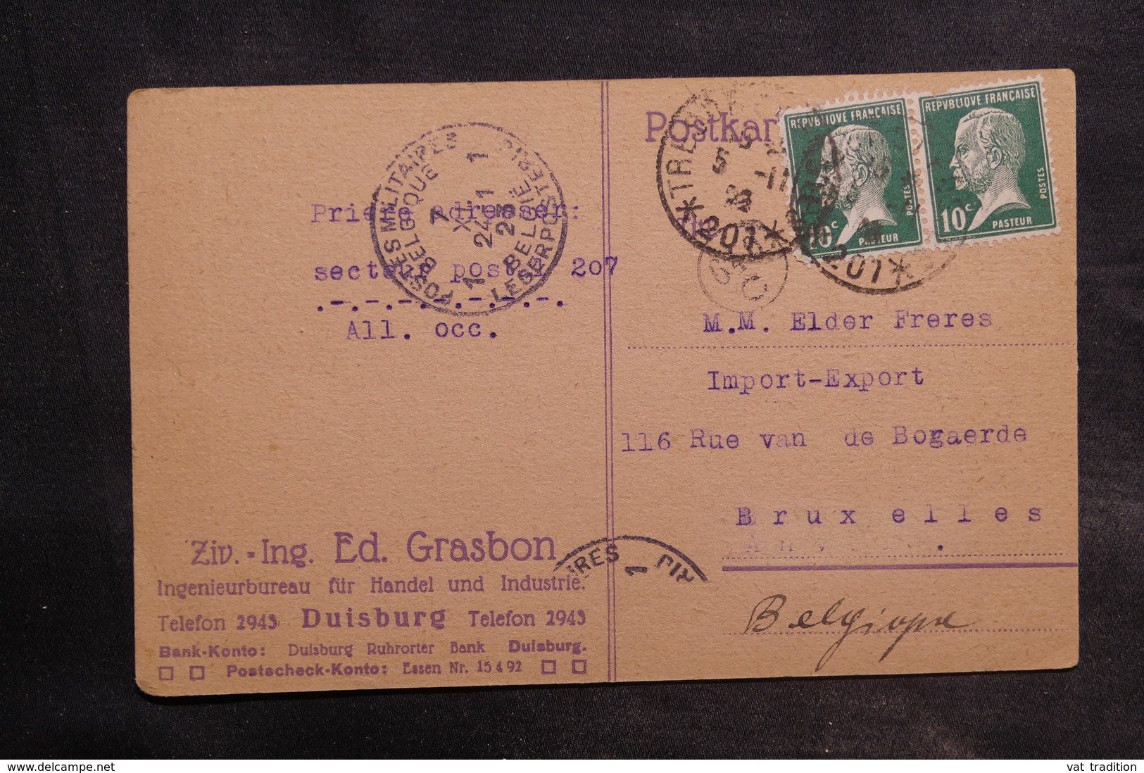 FRANCE - Carte De Correspondance De Duisburg Pour Bruxelles En 1923 , Oblitération Trésor Et Postes 207 - L 34873 - Militaire Stempels Vanaf 1900 (buiten De Oorlog)