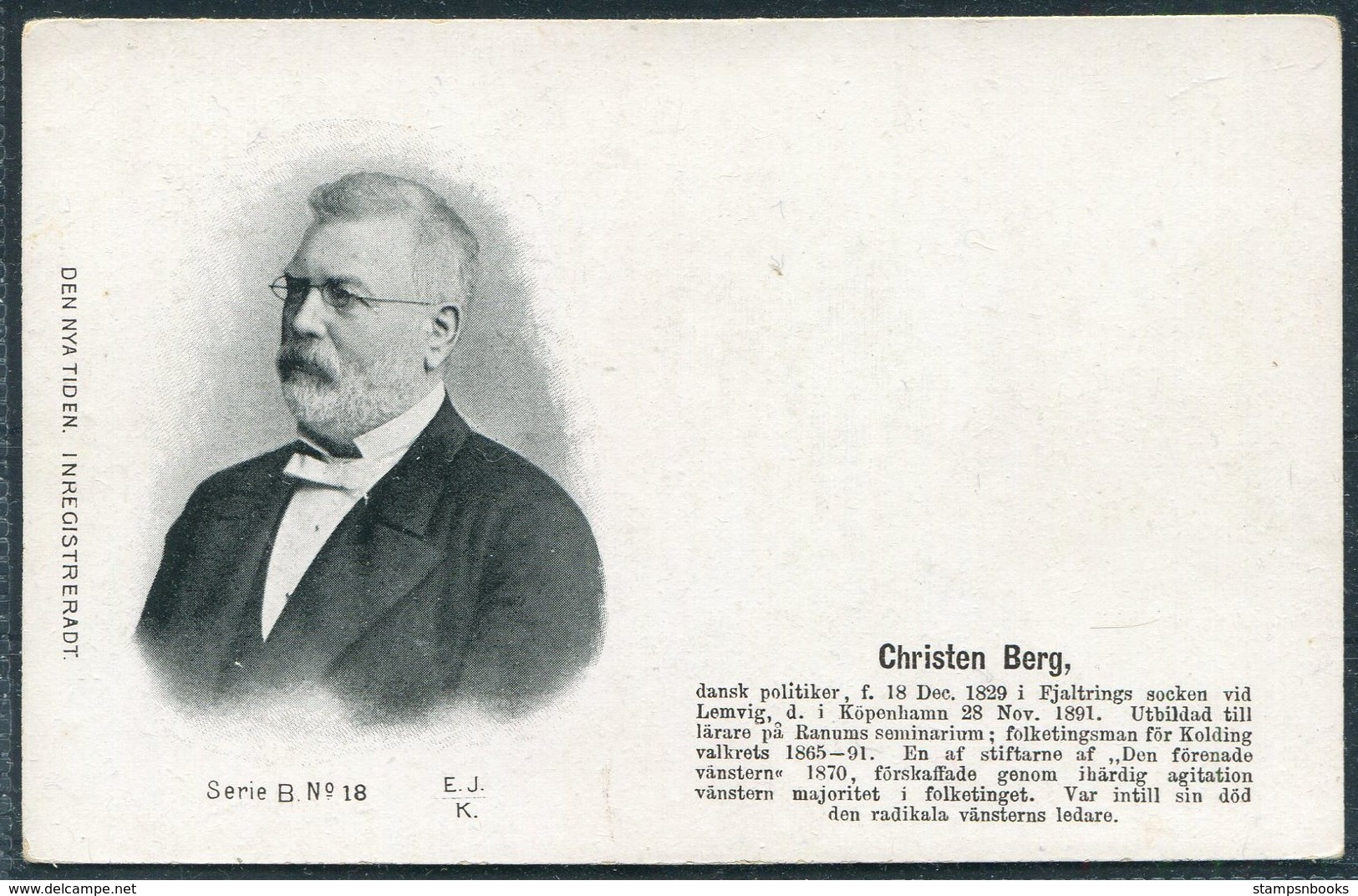 Denmark Den Nya Tiden. Inregistreradt Postcard. Christen Berg - Politicians & Soldiers