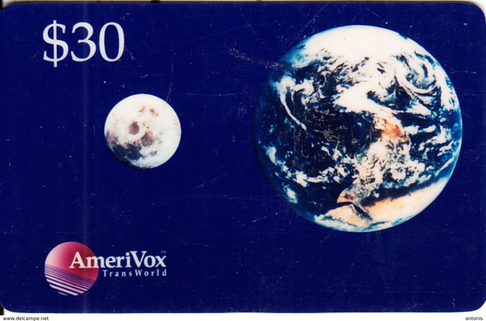 USA - Earth & Moon, Amerivox Prepaid Card $30, Used - Amerivox