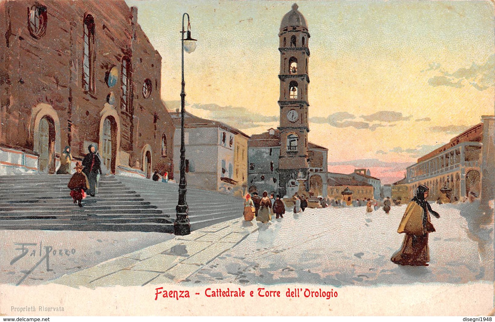 M08321 "FAENZA-CATTEDRALE E TORRE DELL'OROLOGIO"ANIMATA-ILLUSTRAZIONE DI DAL POZZO-CARTOLINA  ORIG. SPED. 1926 - Faenza