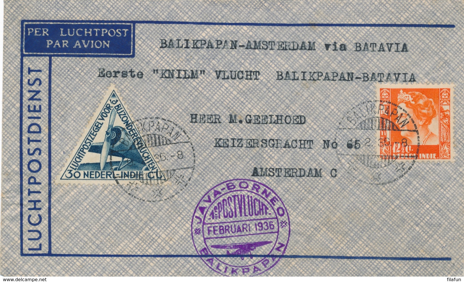 Nederland Indië - 1936 - KLM Vliegbrief Van Balikpapan Via Soerabaja Naar Amsterdam - Niederländisch-Indien