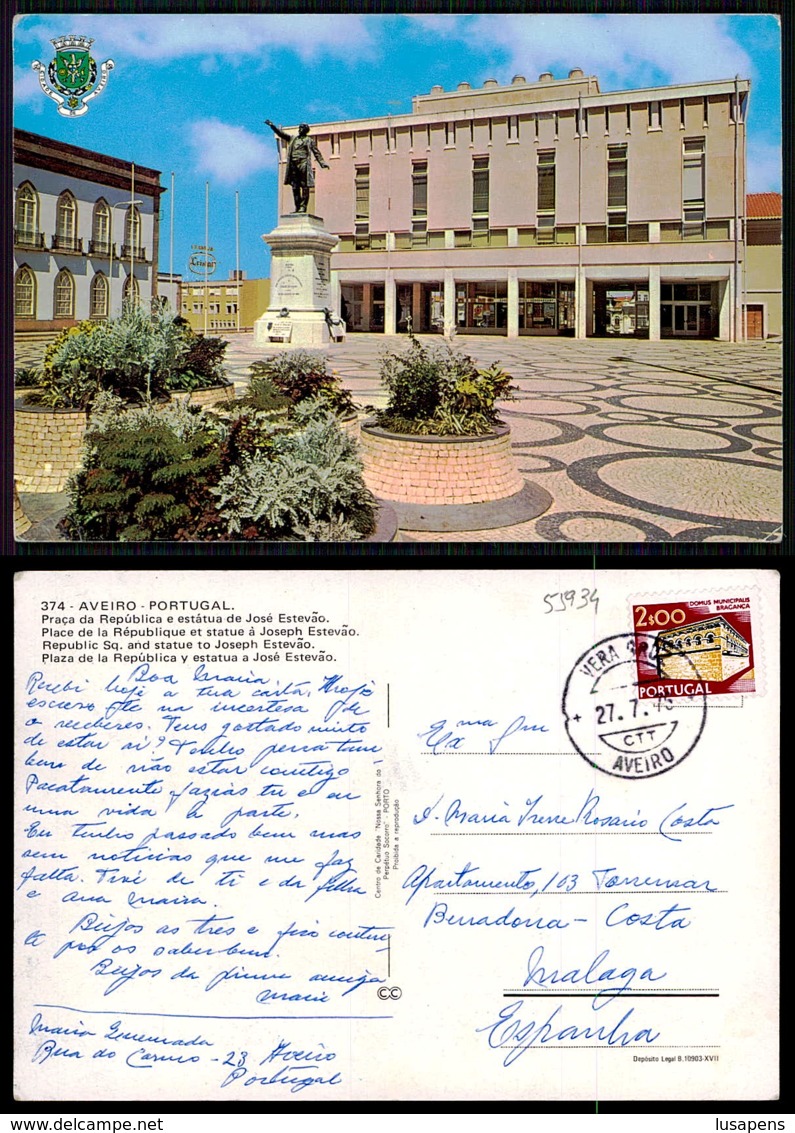 PORTUGAL COR 55934 - AVEIRO - PRAÇA DA REPUBLICA E ESTATUA JOSÉ ESTEVÃO - Aveiro