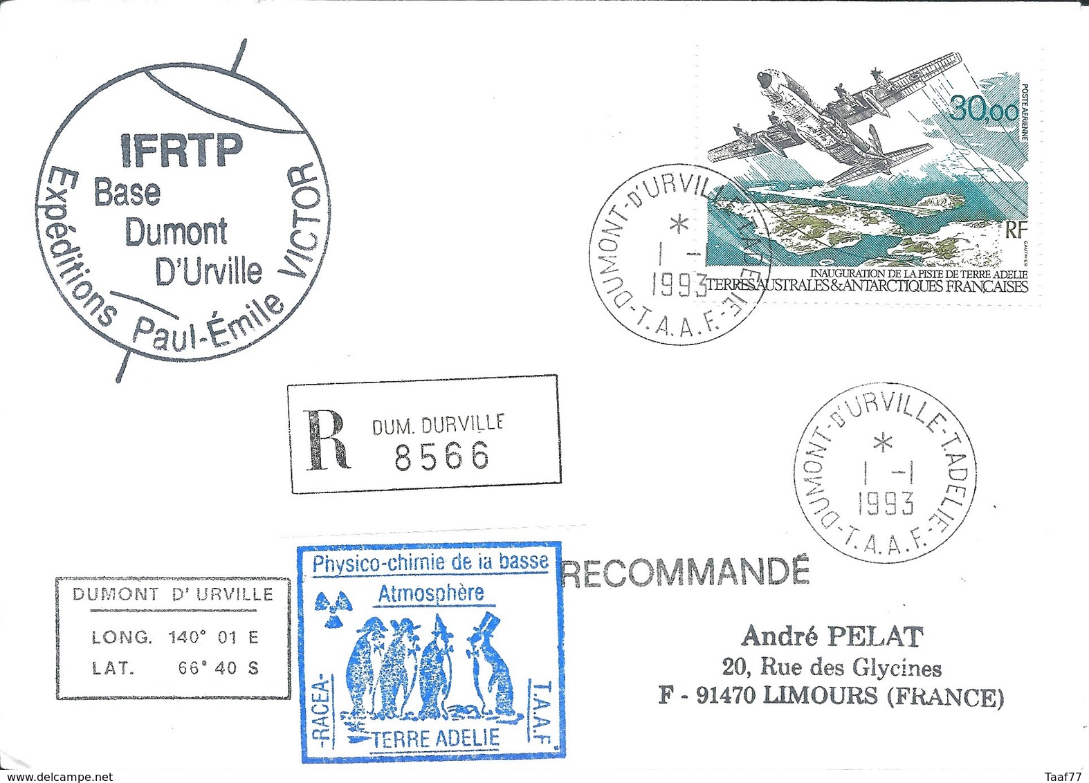 TAAF-Dumont D'Urville-T.Adélie: Lettre Avec Timbre Poste Aérienne N°128 Inauguration De La Piste - 01/01/1993 - Lettres & Documents