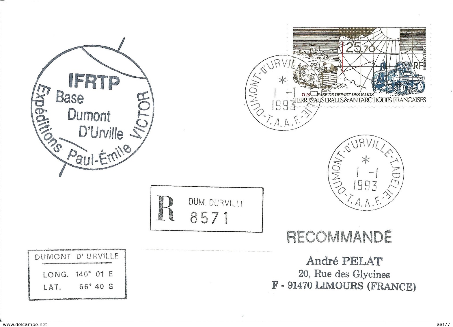 TAAF-Dumont D'Urville-T.Adélie: Lettre Avec Timbre Poste Aérienne N°127 D10 Base De Départ Des Raids - 01/01/1993 - Lettres & Documents