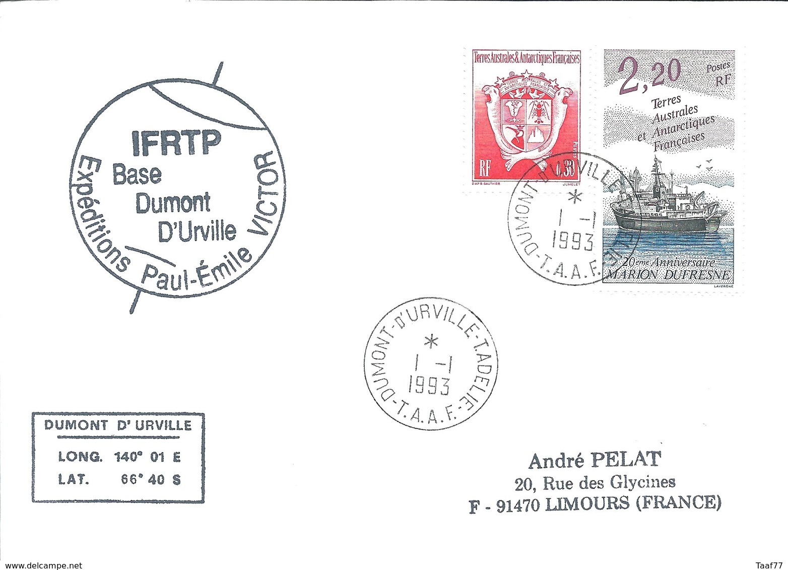 TAAF - Dumont D'Urville-T.Adélie: Lettre Avec Timbres N°174 Marion Dufresne + N°172 Armoiries - 01/01/1993 - Lettres & Documents