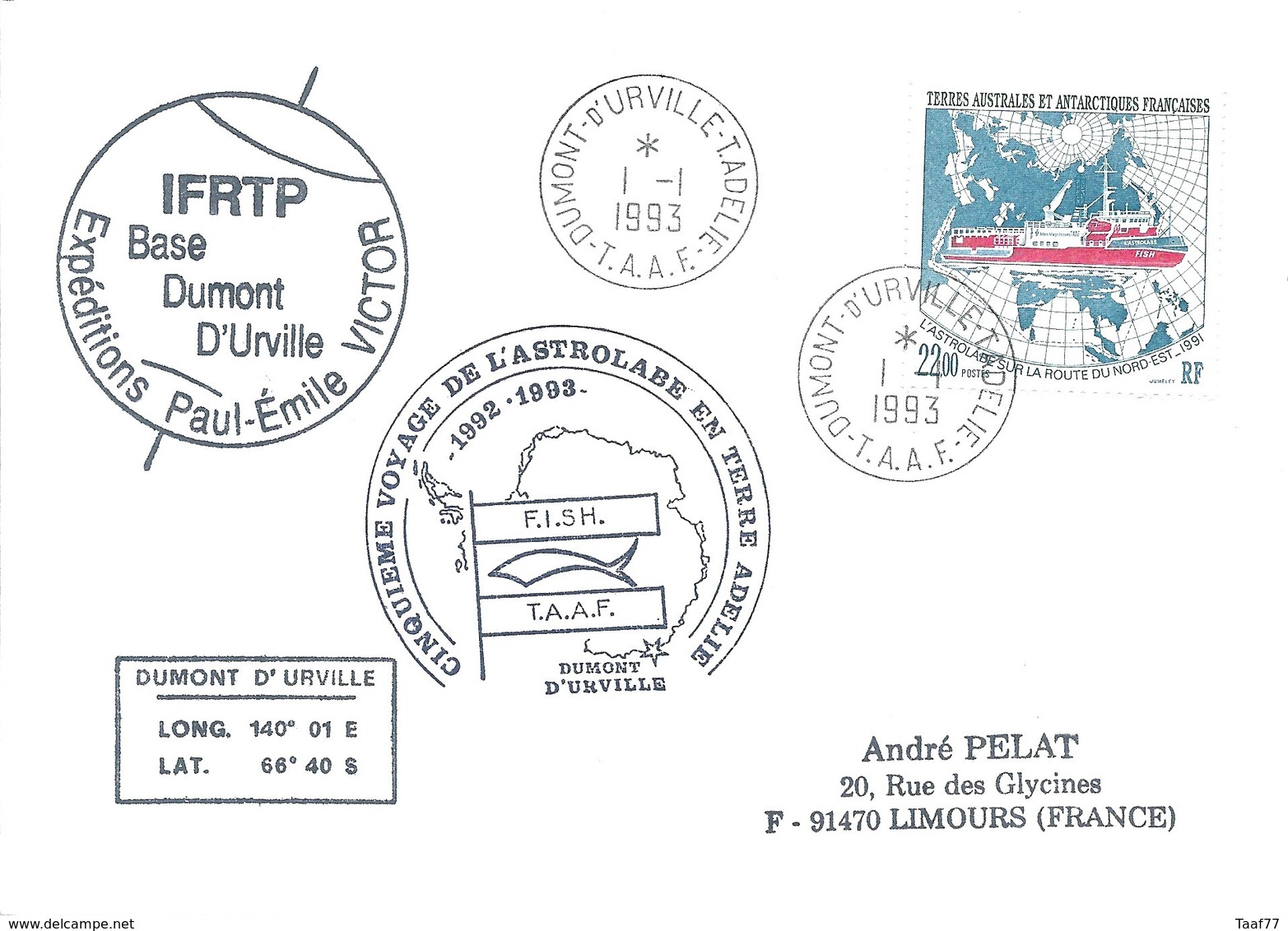 TAAF-Dumont D'Urville-T.Adélie: Lettre Avec Timbre N°181 L'Astrobale Sur La Route De Nord-est - 01/01/1993 - Lettres & Documents