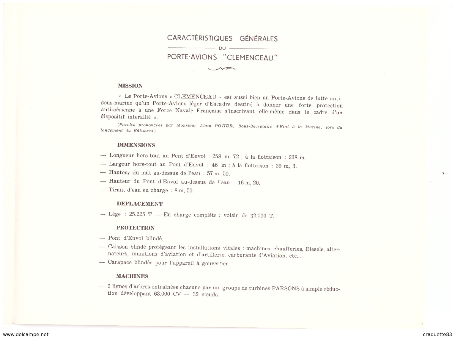 PORTE-AVIONS  "CLEMENCEAU" Caractéristiques Générales - La Vie Du Porte-avions-coursives De Circulation Du 1er Pont - Documents