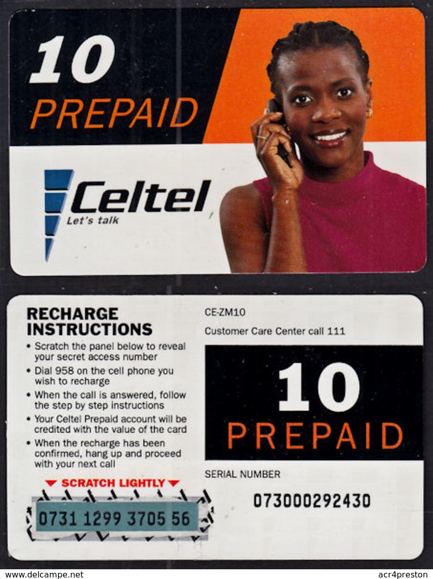 Tc044  ZAMBIA,  Celtel, Lady On Phone,  10 Prepaid Units,  Used - Zambia
