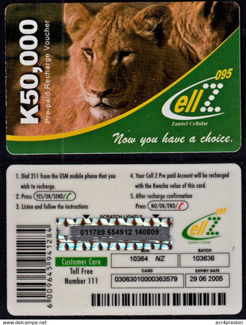 Tc003 ZAMBIA, Zamtel CellZ Phonecard, Lion, K50,000, Used - Zambia