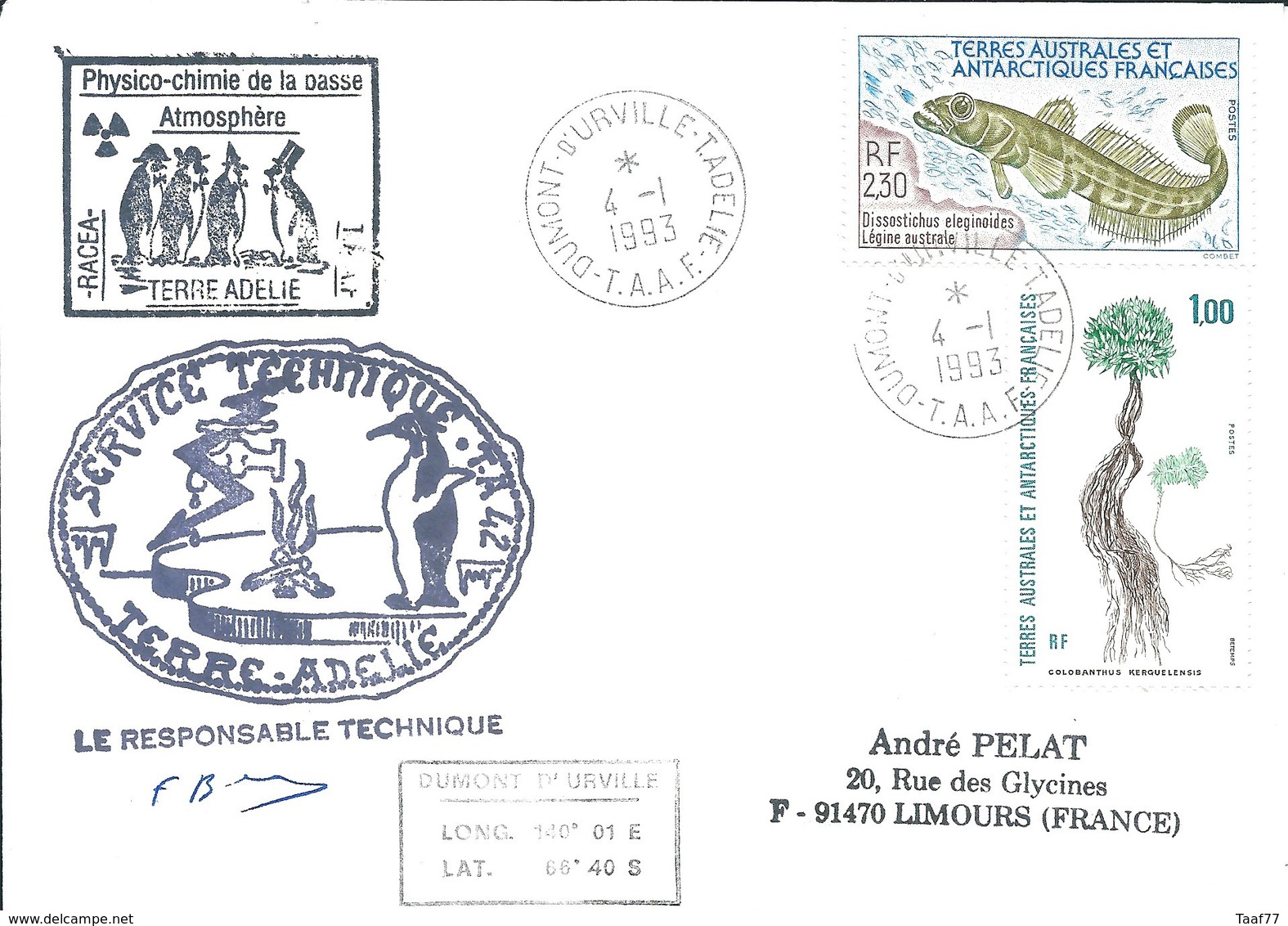 TAAF - Dumont D'Urville-T.Adélie: Lettre Avec Timbres N°164 Flore Et N°166 Légine Australe - 04/01/1993 - Covers & Documents
