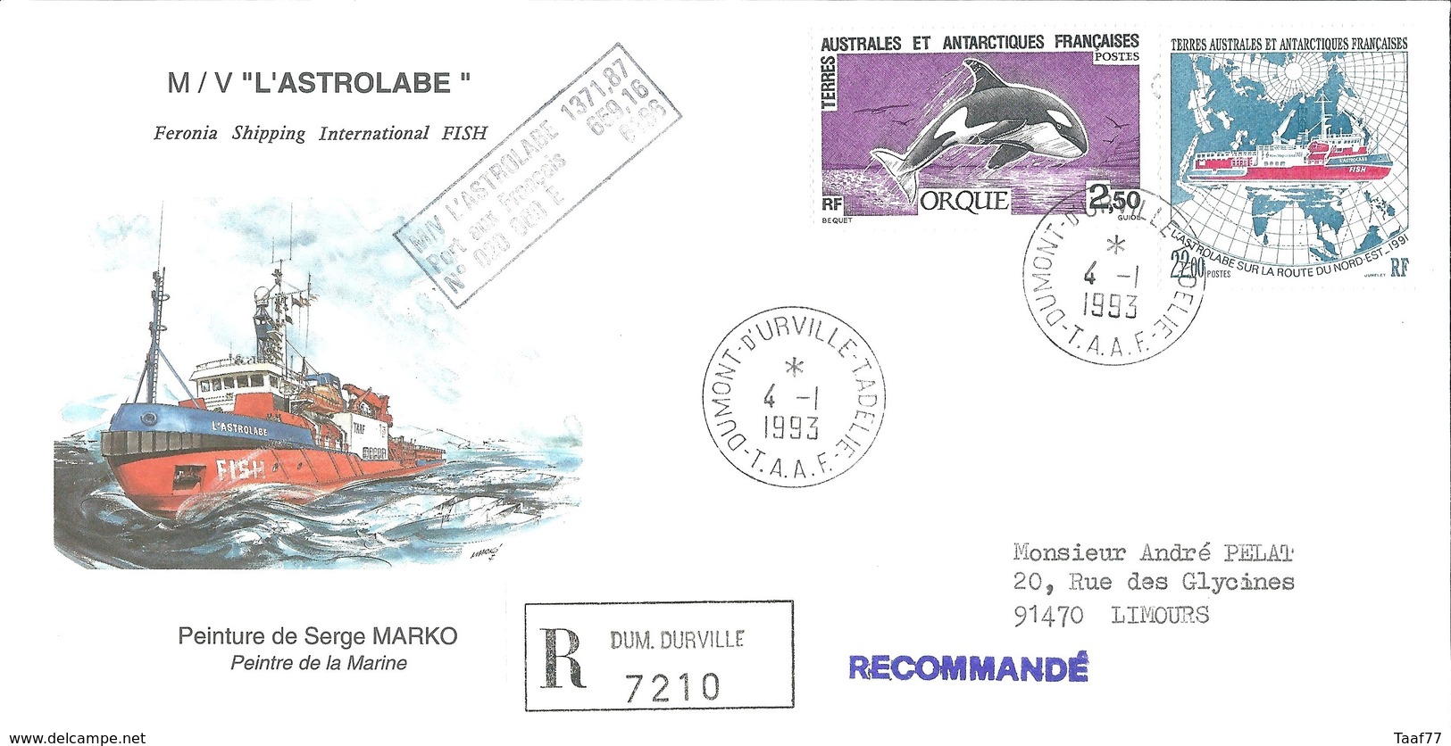 TAAF - Dumont D'Urville-T.Adélie: Lettre Avec Timbres N°177 Orque Et N°181 L'Astrobale - 04/01/1993 - Lettres & Documents