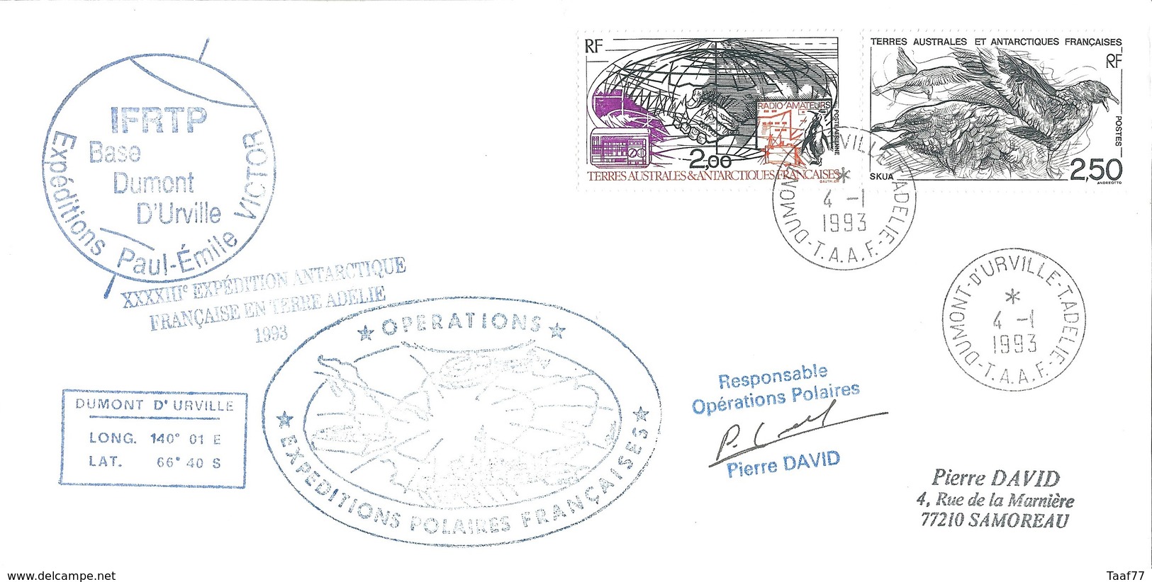 TAAF - Dumont D'Urville-T.Adélie: Lettre Avec Timbres N°176 Skua Et Poste Aérienne N°125 Radio Amateurs - 04/01/1993 - Lettres & Documents