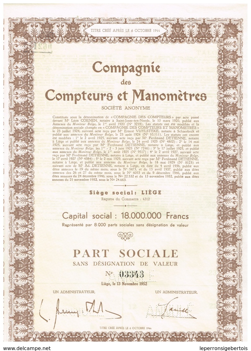 Titre Ancien - Compagnie Des Compteurs Et Manomètres - Société Anonyme - Titre De 1952 - - Industry