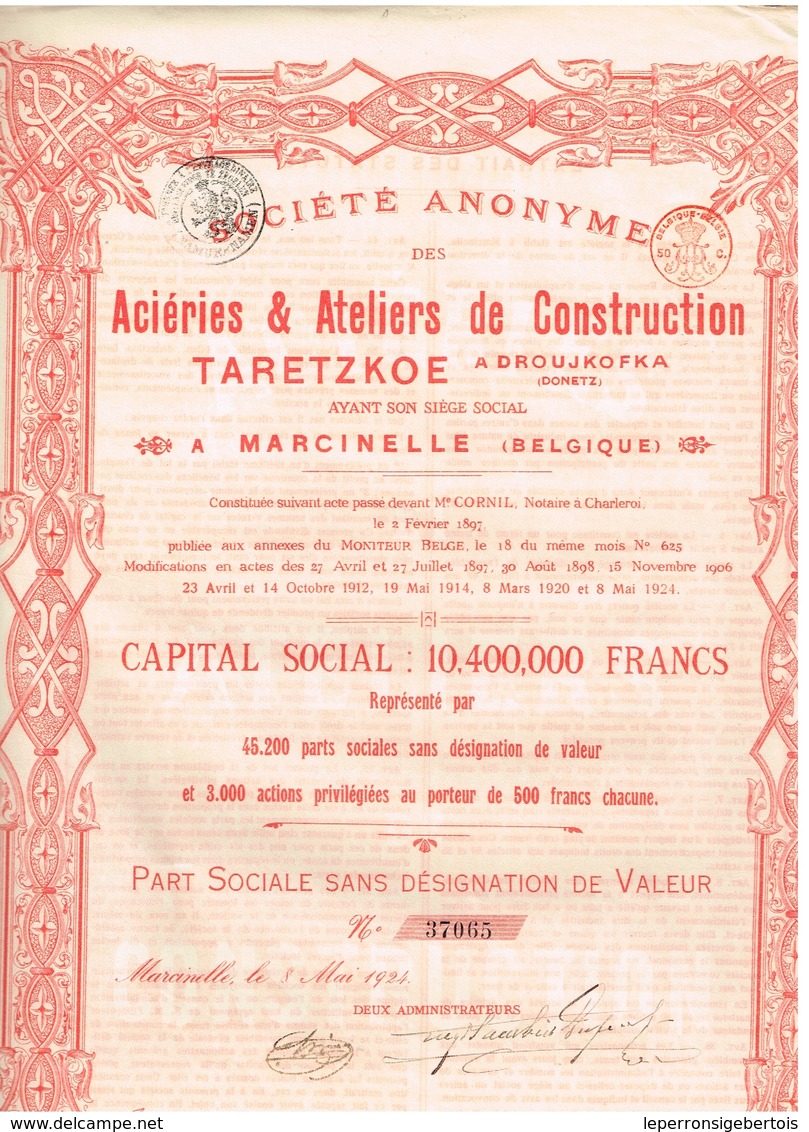 Titre Ancien - Société Anonyme Des Ateliers & Aciéries De Taretzkoe à Droujkofka (Donetz) - Titre De 1924 - - Rusia