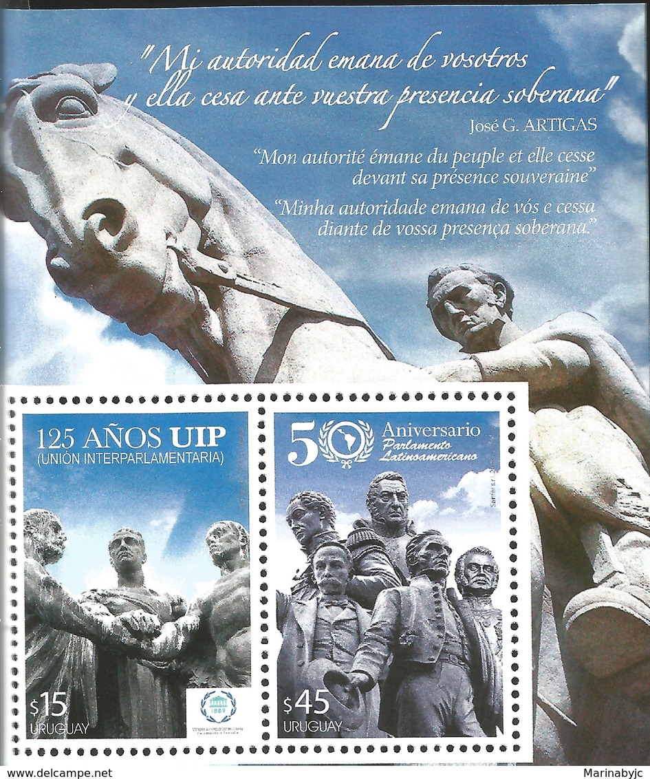 J) 2014 URUGUAY, 125 YEARS OF THE INTERPLANETARY UNION, 50 YEARS OF THE LATIN AMERICAN APPROACH, STONE HORSE, STATUES, S - Uruguay