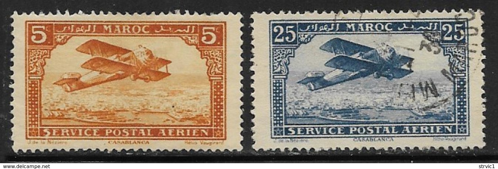 French Morocco Scott #C1 Mint Hinged, C2 Used Biplane, 1922,1927, #C2 Has Small Thin - Luftpost