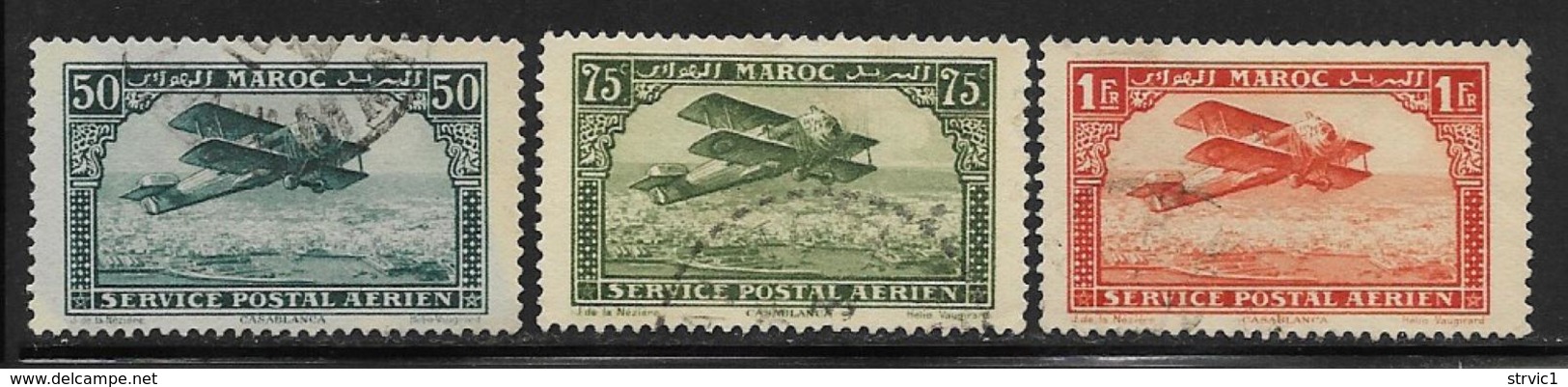 French Morocco Scott #C3,C5,C7 Used Biplane, 1922 - Airmail