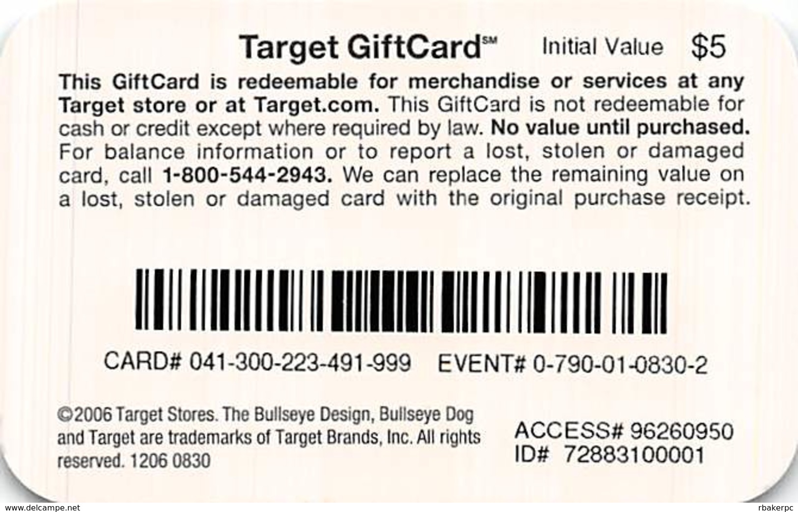 Target Gift Card - $5 Initial Value Printed On Back - Gift Cards