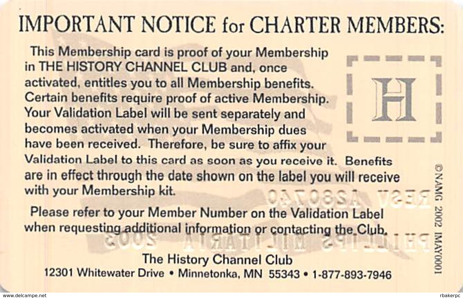 History Channel Club Charter Member Card - Other & Unclassified