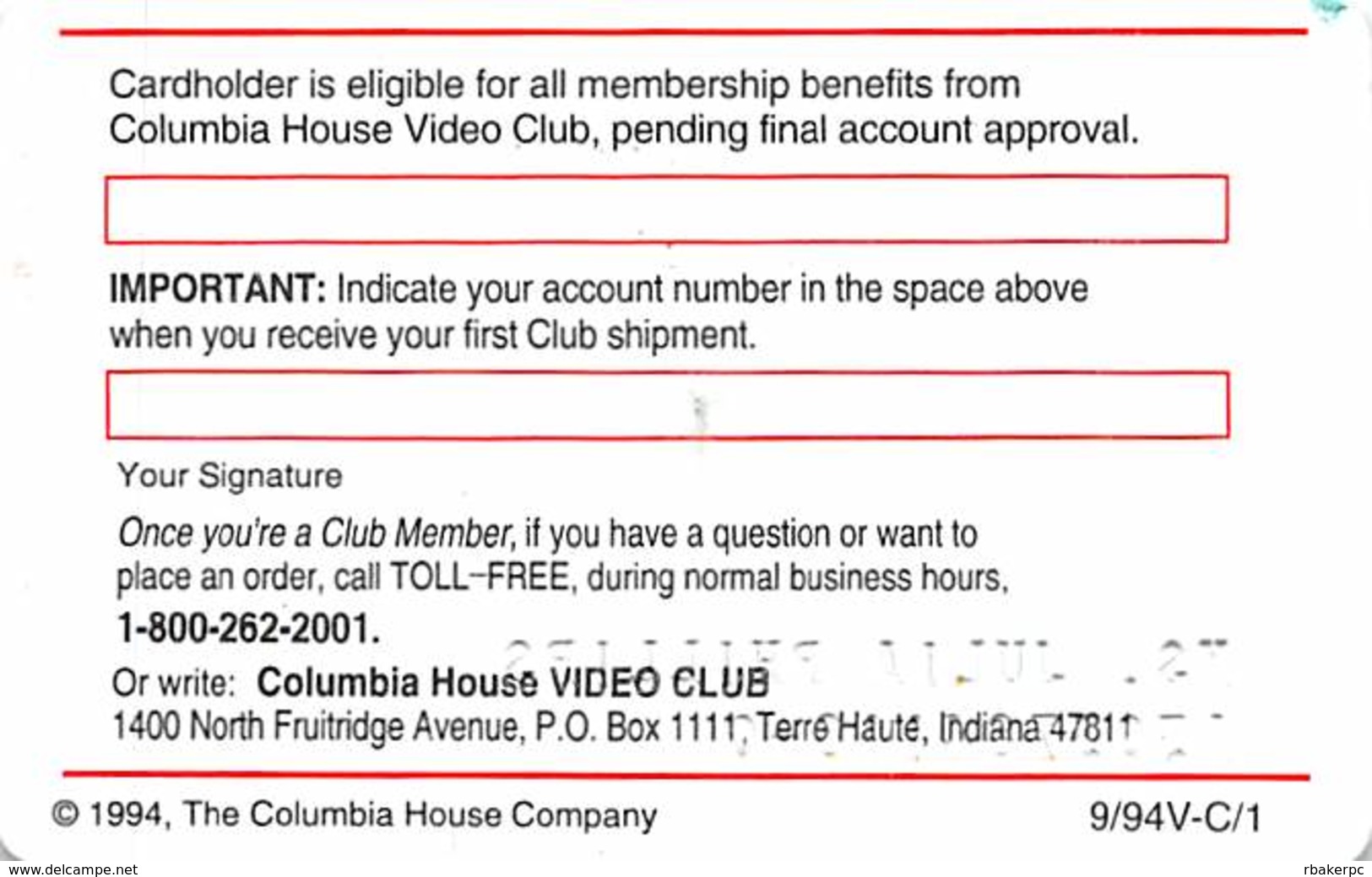 Columbia House Video Club Membership Card - Other & Unclassified