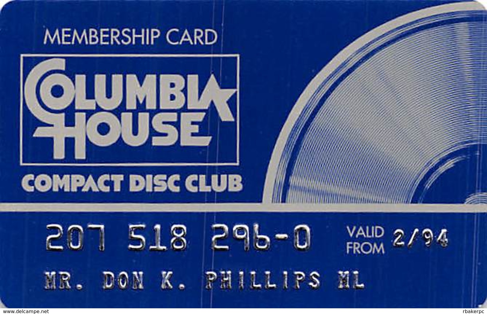 Columbia House Compact Disc Club Membership Card 1994 - Other & Unclassified