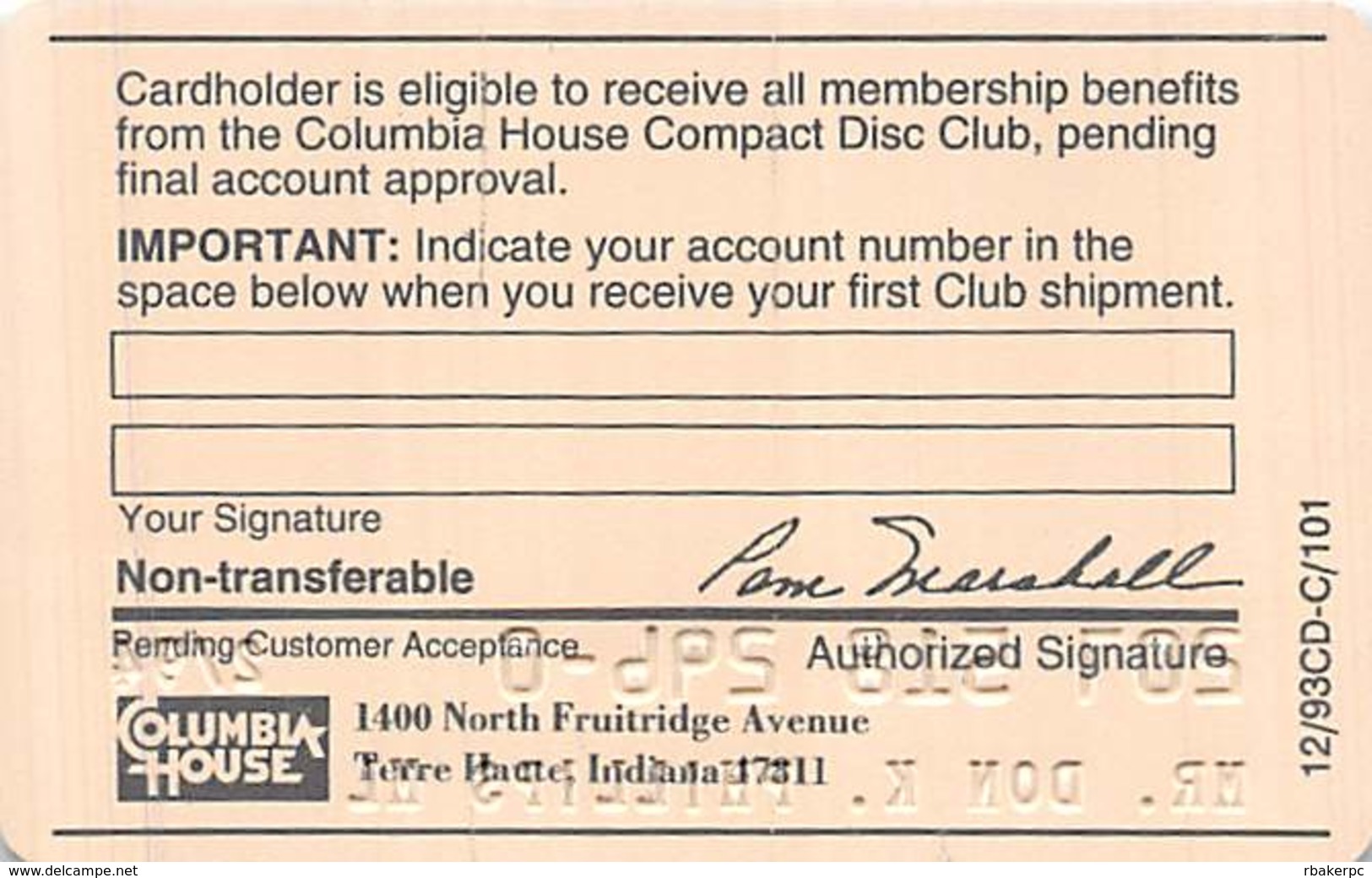 Columbia House Compact Disc Club Membership Card 1994 - Other & Unclassified