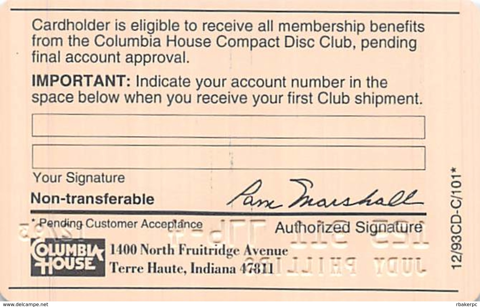 Columbia House Compact Disc Club Membership Card 1993 - Other & Unclassified