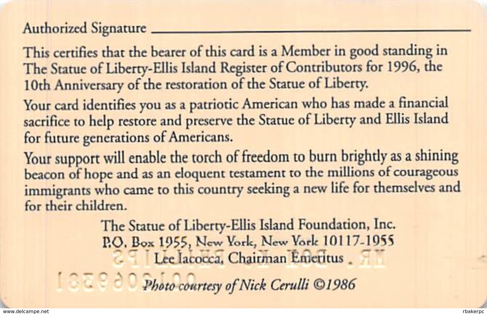 Statue Of Liberty Ellis Island Foundation 1996 10th Anniversary Member - Membership Card - Other & Unclassified