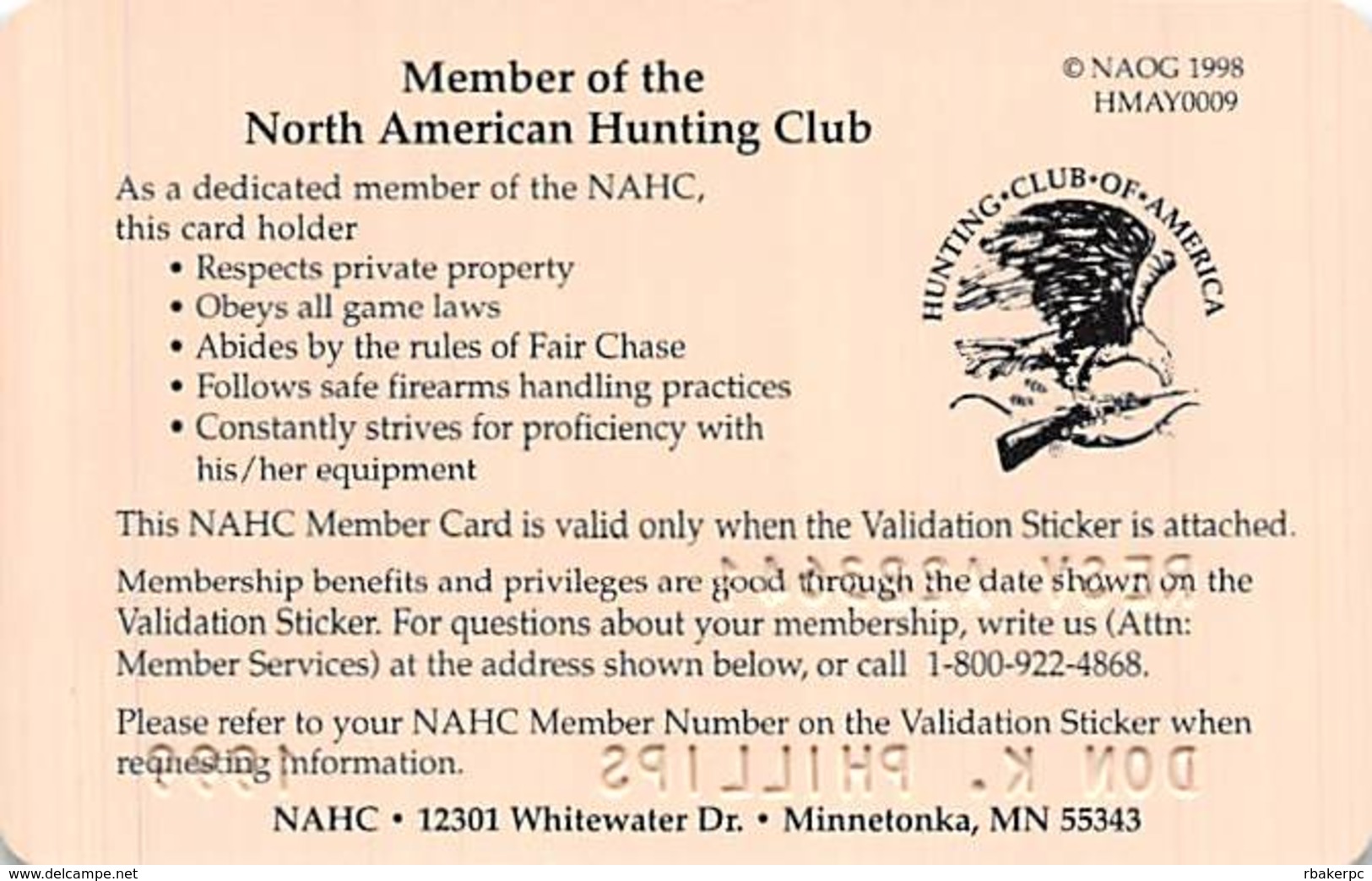 North American Hunting Club Membership Card - Other & Unclassified
